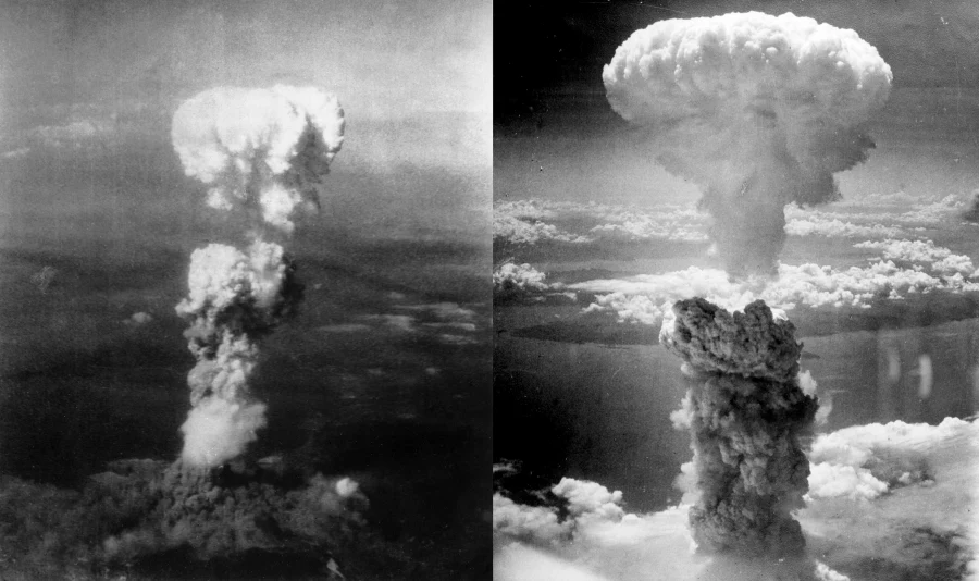 ابرهای قارچی بمب اتمی بر «هیروشیما» [چپ] و ناکازاکی (راست)